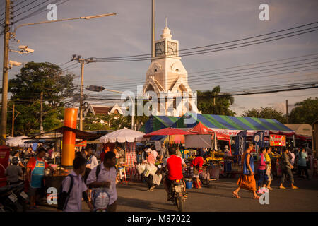 the colck tower with the streetmarket at the Phimai festival in the Town of Phimai in the Provinz Nakhon Ratchasima in Isan in Thailand.  Thailand, Ph Stock Photo