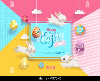 Happy Easter Sale card decorated eggs hanging on strings abstract background, funny little bunnies, square frame and Happy Easter hand lettering. Vector illustration for holiday greeting card Stock Vector