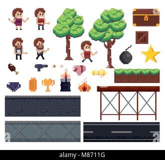 Pixelated characters and elements for videogames vector illustration graphic design Stock Vector