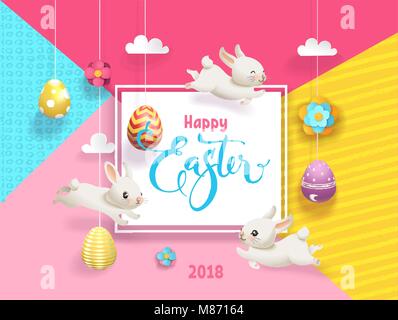 Happy Easter card decorated eggs hanging on strings abstract background, funny little bunnies, flowers, clouds, square frame and Happy Easter hand lettering. Vector illustration holiday greeting card Stock Vector