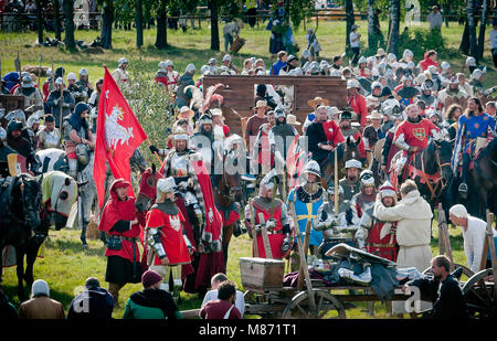 Wladyslaw Jagiello the Polish King Jogaila and dead Grand Master - Ulrich von Jungingen   - 601th anniversary of Battle of Grunwald show Stock Photo