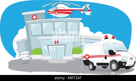 Hospital building with helicopter on its roof and a ambulance hurrying Stock Vector