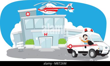 Hospital building with helicopter on its roof and an ambulance hurrying while its driver cheers Stock Vector