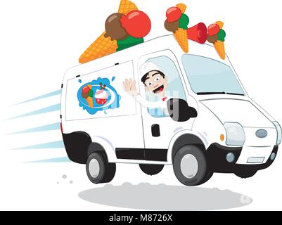Funny ice-cream van driven by a friendly ice-cream man cheering and smiling Stock Vector
