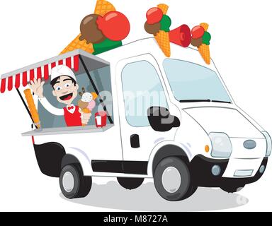 funny ice-cream van parked and friendly ice-cream man serving a cone Stock Vector