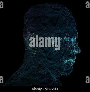 Human head with in 3d space network. Blue abstract futuristic medicine, science and technology background illustration. 3D rendering.