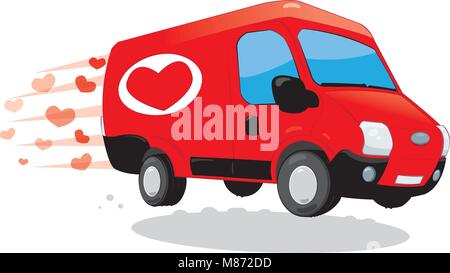 Funny van delivering love. Saint Valentine and love concept Stock Vector