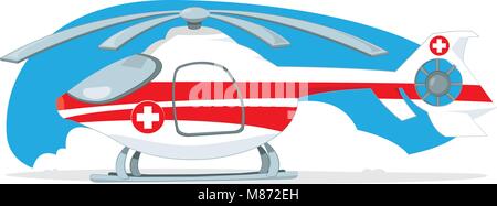 Medical helicopter turned off and parked on light blue background Stock Vector