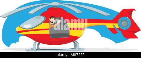 red and yellow rescue helicopter driven by a funny and friendly pilot cheering Stock Vector