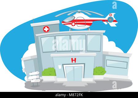 Hospital building with helicopter on its roof Stock Vector