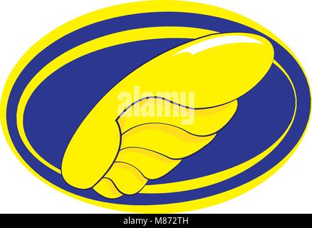 a vector cartoon representing a yellow and blue shipping services logo, a wing on an oval background - express and fast delivery concept Stock Vector