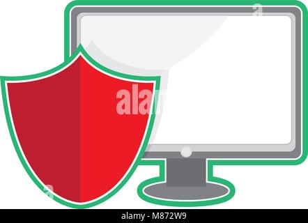 a vector cartoon representing a monitor and a shield, cyber security concept Stock Vector