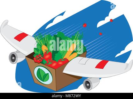 a vector cartoon representing an airplane winged carton package full of fresh vegetables and fruit flying and landing - online order and very fast shi Stock Vector