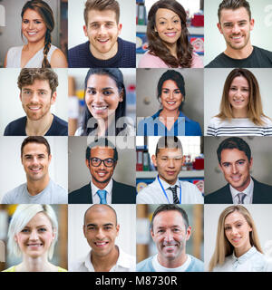 Collage made of sixteen headshots of adults. They are a mix of genders, ages and ethnicities. Stock Photo