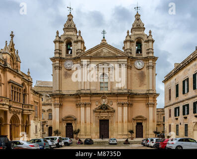 The Metropolitan Cathedral of Saint Paul (aka St. Paul's Cathedral or the Mdina Cathedral), a Roman Catholic cathedral in Mdina, Malta. Stock Photo