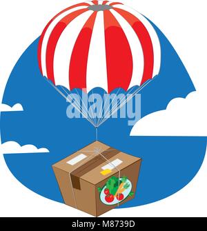 a vector cartoon representing a carton package full of healthy and fresh food landing with a parachute - express delivery concept Stock Vector