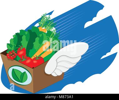 a vector cartoon representing a winged carton package full of fresh vegetables and fruit flying and landing - online order and very fast shipping conc Stock Vector
