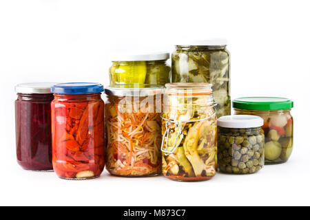 Fermented preserved vegetables in jar isolated on white background Stock Photo
