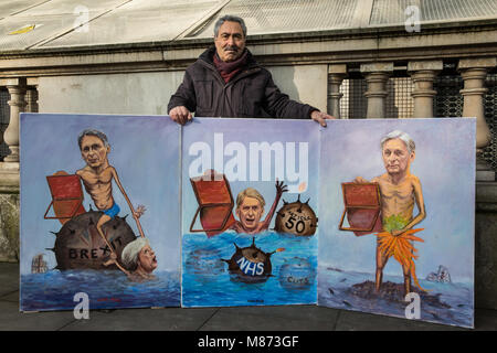 London, UK. 13th March, 2018. Satirical artist Kaya Mar stands outside Downing Street with paintings of Chancellor of the Exchequer Philip Hammond. Stock Photo