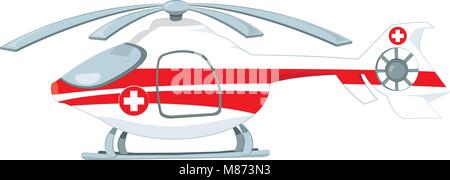 a vector cartoon representing a red and white medical helicopter, with rescue cross on it, standing on the ground. Light blue sky and some clouds on t Stock Vector