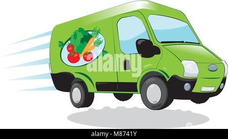 a vector cartoon representing a funny and fast green fresh food delivery van - fresh vegetables and fruit express delivery concept Stock Vector