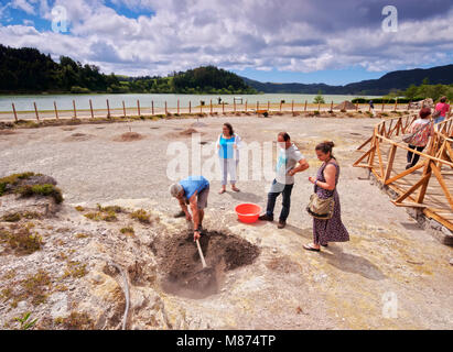 Cooking in hot spring Fumarolas da Lagoa das Furnas, Sao Miguel Island, Azores, Portugal Stock Photo