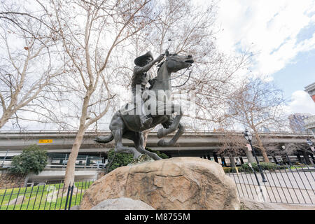 Sacramento, FEB 22: Afternoon view of Pony Express Statue in the famous Old Sacramento Historic District on FEB 22, 2018 at Sacramento, California Stock Photo