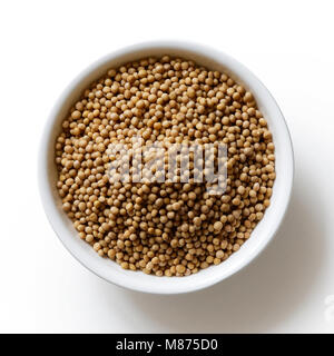 Dried white mustard seeds in white ceramic bowl isolated on white from above. Stock Photo