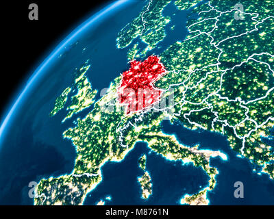 Germany highlighted in red from Earth’s orbit at night with visible country borders. 3D illustration. Elements of this image furnished by NASA. Stock Photo
