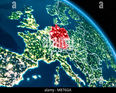 Satellite view of Germany highlighted in red on planet Earth at night with borderlines and city lights. 3D illustration. Elements of this image furnis Stock Photo