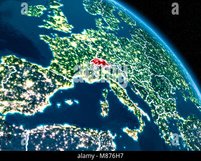 Satellite view of Switzerland highlighted in red on planet Earth at night with borderlines and city lights. 3D illustration. Elements of this image fu Stock Photo