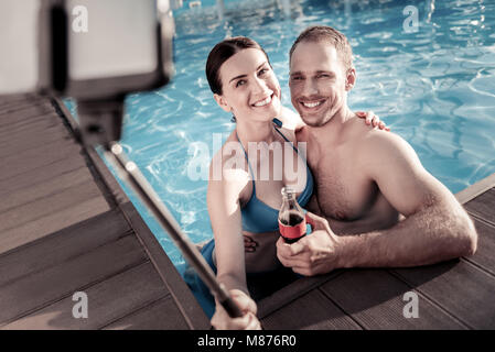 Top View on Relaxed Couple Taking Selfies in Swimming Pool Editorial Photo  - Image of couple, slim: 112178336