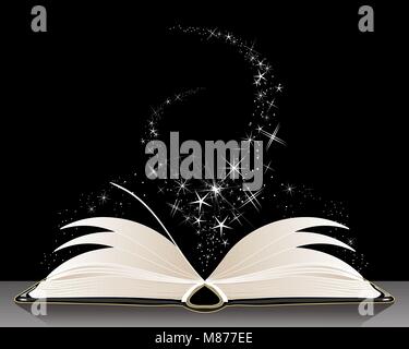 a vector illustration in eps 10 format of a book of magic spells with white sparkles on a black background Stock Vector