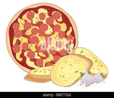 a vector illustration in eps 10 format of a pepperoni pizza with crispy fresh garlic bread amd garlic bulbs on a white background Stock Vector