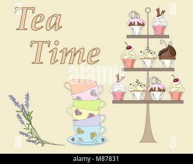 a vector illustration in eps 10 format of an english afternoon tea with a display of cakes some fancy cups and lavender flowers on a beige background Stock Vector