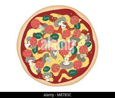a vector illustration in eps 10 format of classic mushroom pizza with bread base tomato sauce cheese and pepperoni sprinkled with herbs Stock Vector