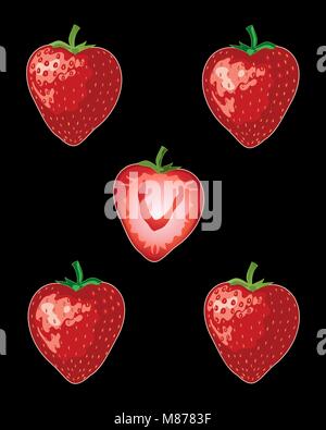 a vector illustration in eps 10 format of ripe red strawberries with green stalks whole and half on a black background Stock Vector