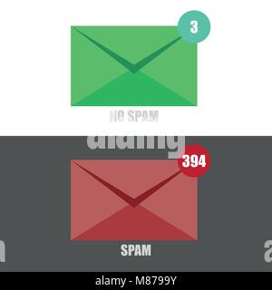 email spam no spam with red and green envelope on black and white backgrounds Stock Vector