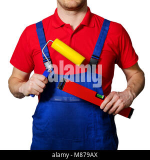 professional construction worker with tools in hands. isolated on white background Stock Photo