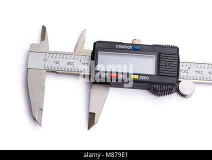 Electronic digital caliper vernier. Isolated on white background. Stock Photo