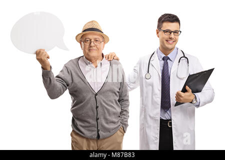 Elderly patient with a speech bubble and a doctor isolated on white background Stock Photo
