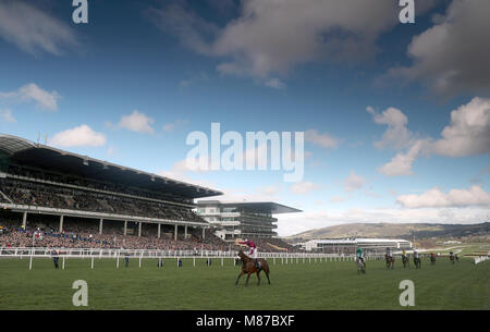 Shattered Love ridden by jockey Jack Kennedy win the JLT Novices' Chase during St Patrick's Thursday of the 2018 Cheltenham Festival at Cheltenham Racecourse. Stock Photo