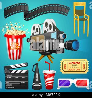 Movie elements set. Vintage cinema, entertainment and recreation with popcorn. Retro poster background. Clapperboard and camera, Filmmaking and video cassette, chair, film stock for Hollywood studio. Stock Vector