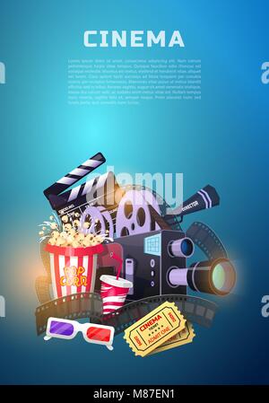 Movie elements set. Vintage cinema, entertainment and recreation with popcorn. Retro poster background. Clapperboard and camera, Filmmaking and video cassette, chair, film stock for Hollywood studio. Stock Vector