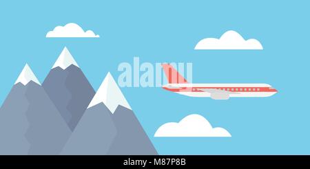 View of the large and fast line airliner flying among the clouds in the blue sky - vector Stock Vector