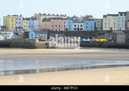 The colourful houses of Tenby, as seen from Tenby Beach, Pembrokeshire, South Wales Stock Photo