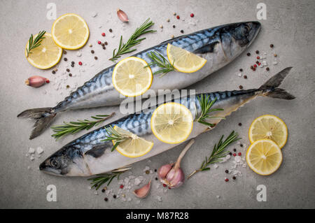 Fresh raw fish. Mackerel with salt, lemon and spices on grey background. Cooking fish with herbs. Top view Stock Photo