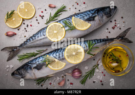 Fresh raw fish. Mackerel with salt, lemon and spices on grey background. Cooking fish with herbs. Top view Stock Photo