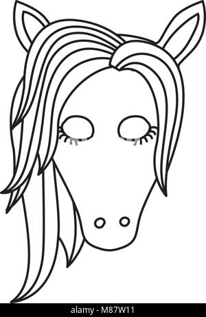 monochrome silhouette of front face of female unicorn with closed eyes and mane to left side Stock Vector