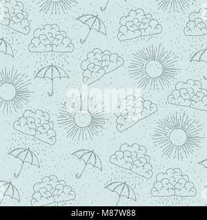 monochrome background with pattern of sun and clouds and umbrellas Stock Vector